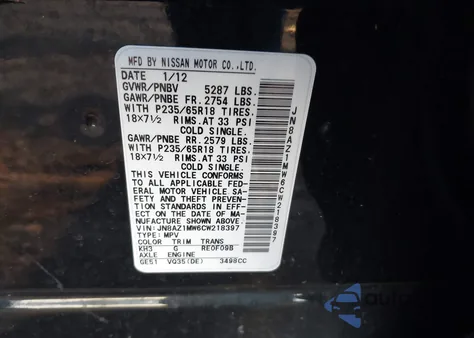 2012 Nissan Murano Sv z USA, uszkodzony, nr VIN JN8AZ1MW6CW218397